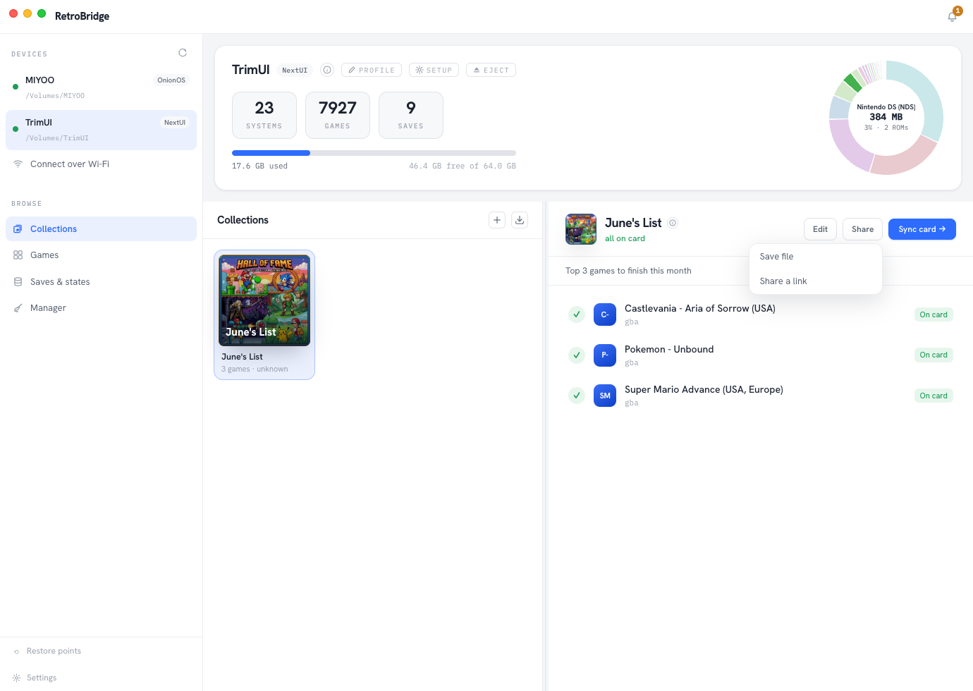 A collection called June's List with a Share a link and Save file menu, its games marked on card