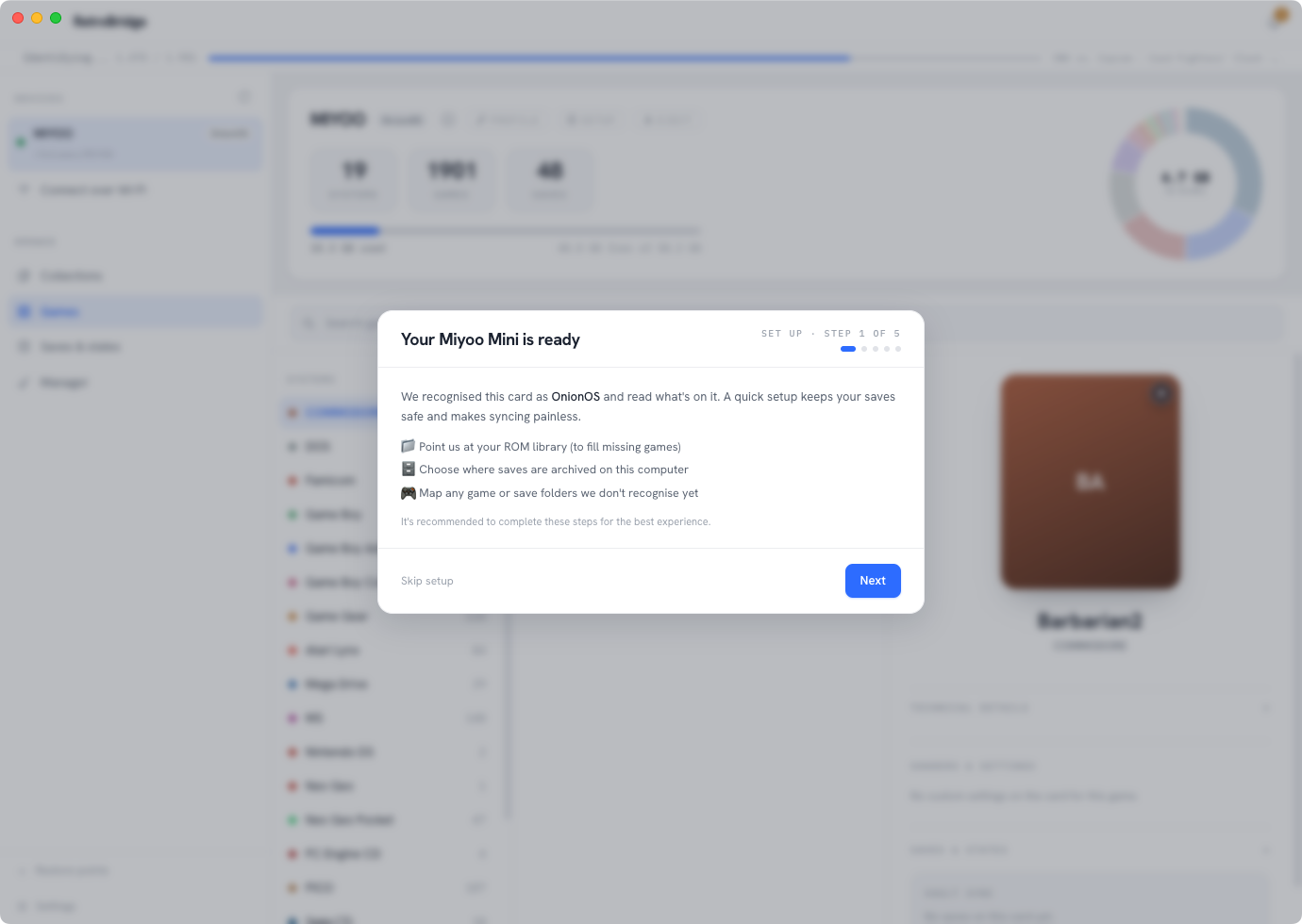 A setup dialog after RetroBridge recognized the card as OnionOS